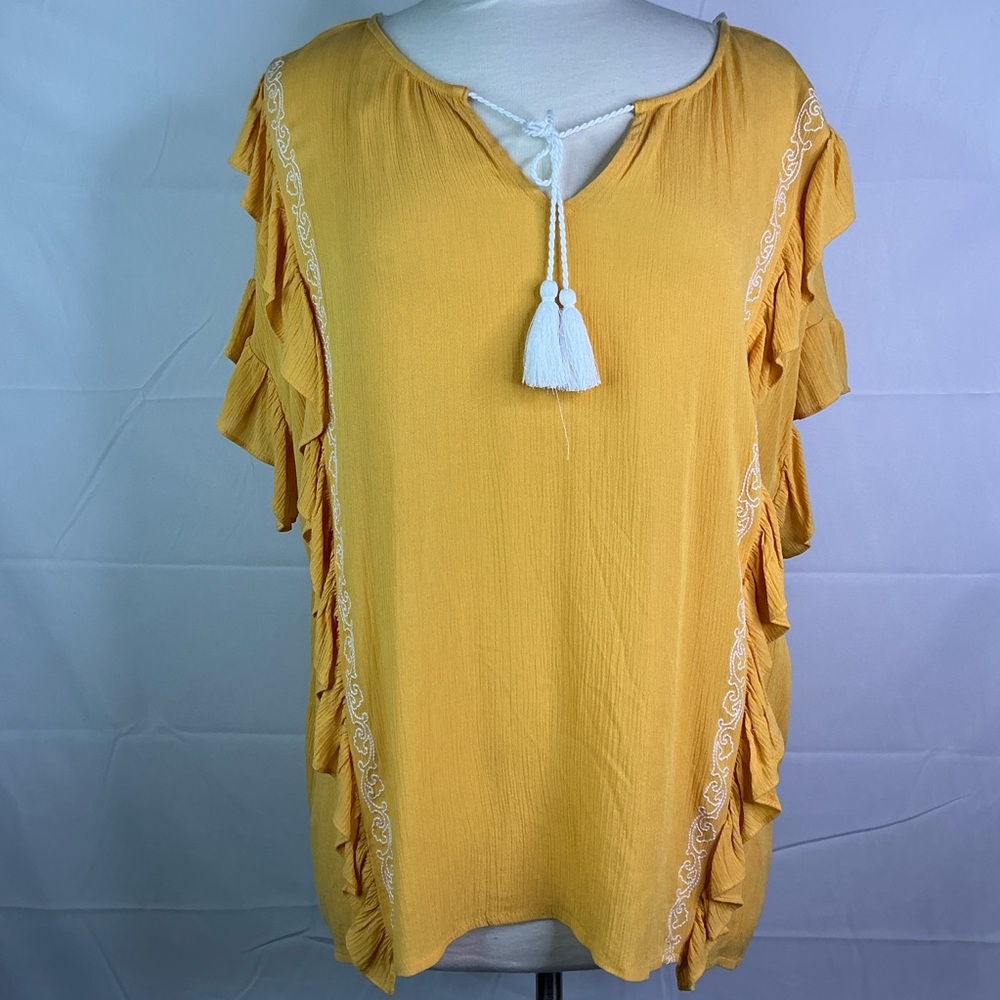 a.n.a‎ Plus Size 2X XXL Top Yellow Tassel Accent Ruffles Blouse Embroidered Fall